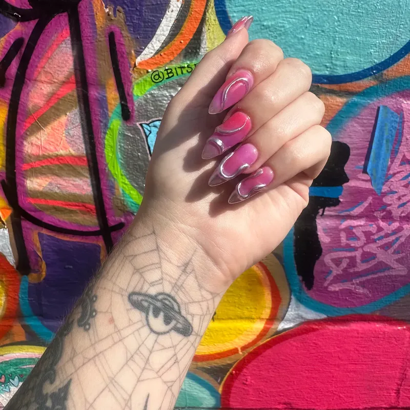 Purple chrome almond nails by Tina Green Nail