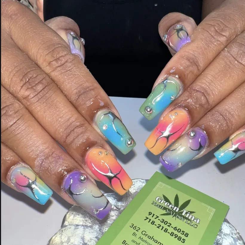 Colorful hand-painted summer nail art by Tina Green Nail