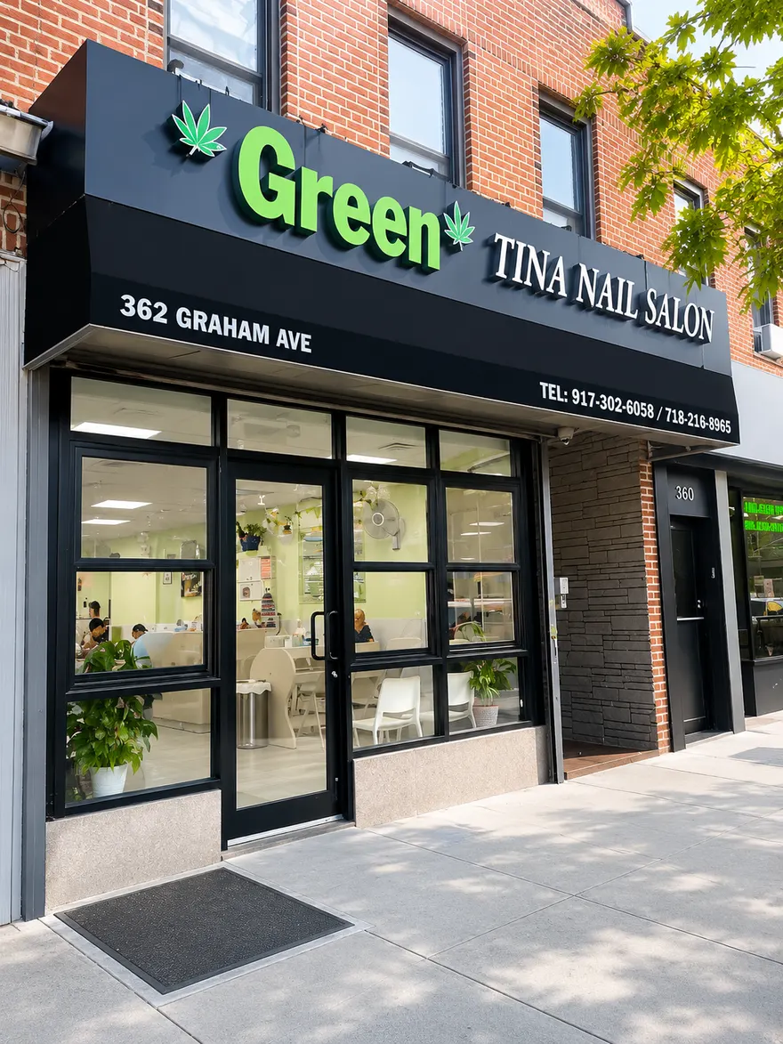 Tina Green Nail salon storefront at 362 Graham Ave in Williamsburg Brooklyn, near the Graham Av L train station